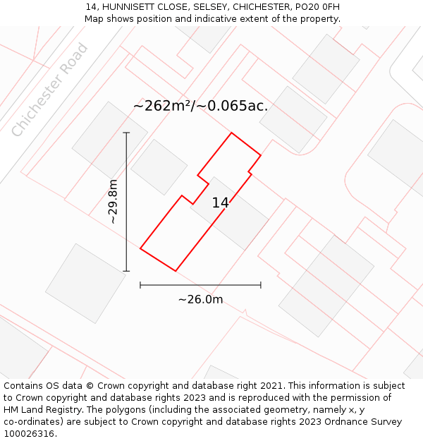 14, HUNNISETT CLOSE, SELSEY, CHICHESTER, PO20 0FH: Plot and title map