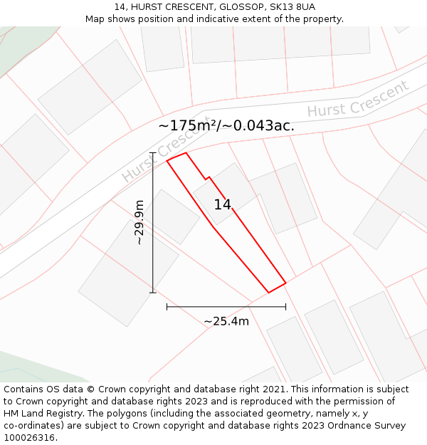 14, HURST CRESCENT, GLOSSOP, SK13 8UA: Plot and title map