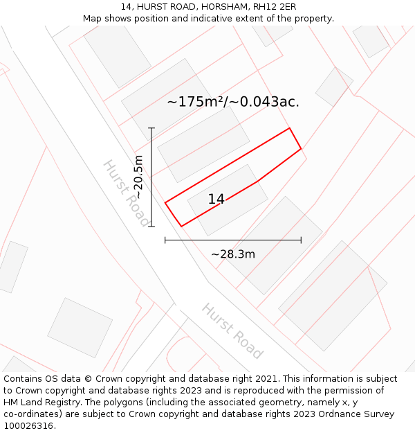 14, HURST ROAD, HORSHAM, RH12 2ER: Plot and title map