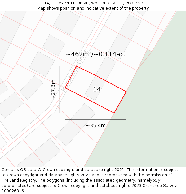 14, HURSTVILLE DRIVE, WATERLOOVILLE, PO7 7NB: Plot and title map