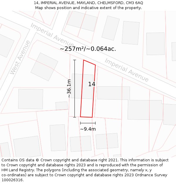 14, IMPERIAL AVENUE, MAYLAND, CHELMSFORD, CM3 6AQ: Plot and title map