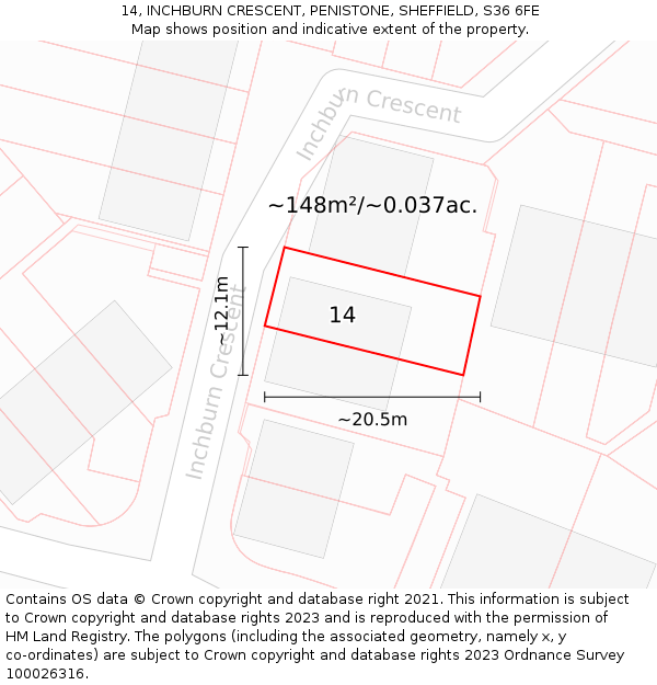14, INCHBURN CRESCENT, PENISTONE, SHEFFIELD, S36 6FE: Plot and title map