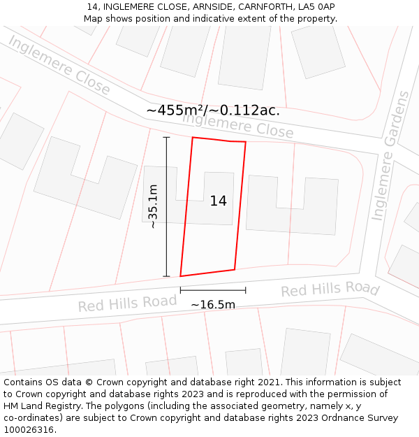 14, INGLEMERE CLOSE, ARNSIDE, CARNFORTH, LA5 0AP: Plot and title map