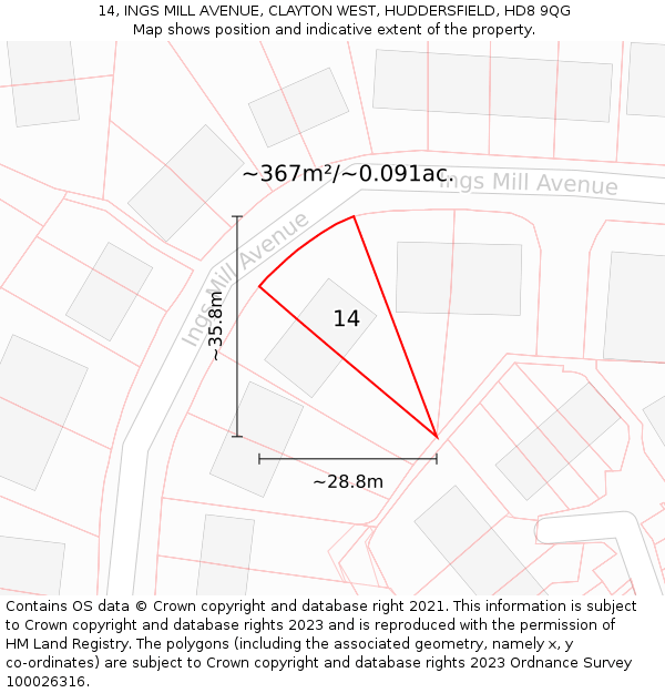 14, INGS MILL AVENUE, CLAYTON WEST, HUDDERSFIELD, HD8 9QG: Plot and title map