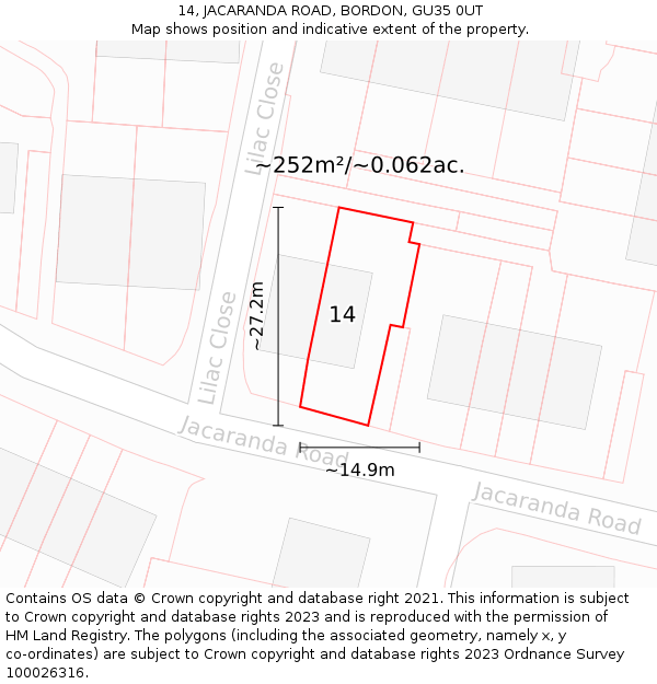 14, JACARANDA ROAD, BORDON, GU35 0UT: Plot and title map