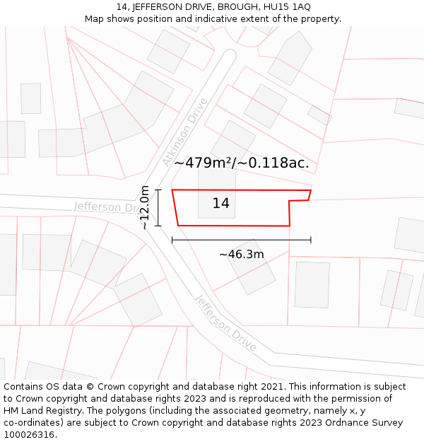 14, JEFFERSON DRIVE, BROUGH, HU15 1AQ: Plot and title map