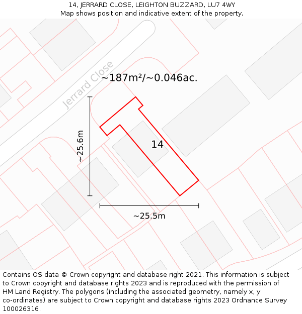 14, JERRARD CLOSE, LEIGHTON BUZZARD, LU7 4WY: Plot and title map