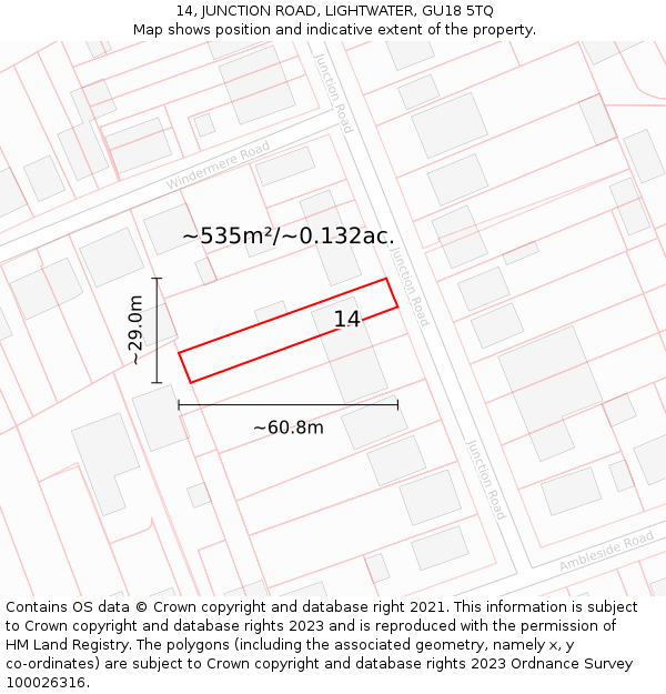 14, JUNCTION ROAD, LIGHTWATER, GU18 5TQ: Plot and title map