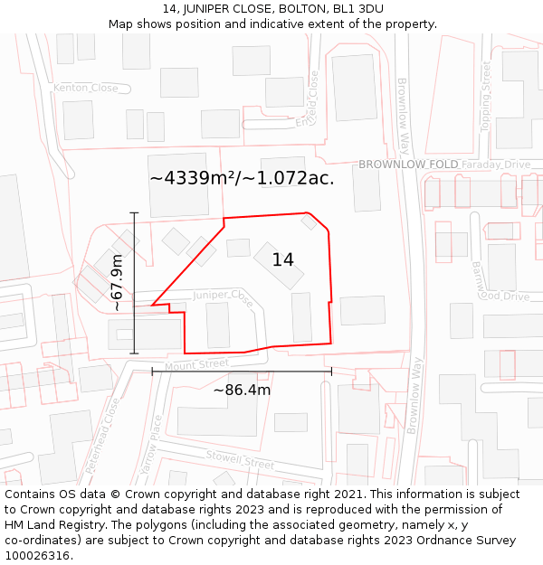 14, JUNIPER CLOSE, BOLTON, BL1 3DU: Plot and title map