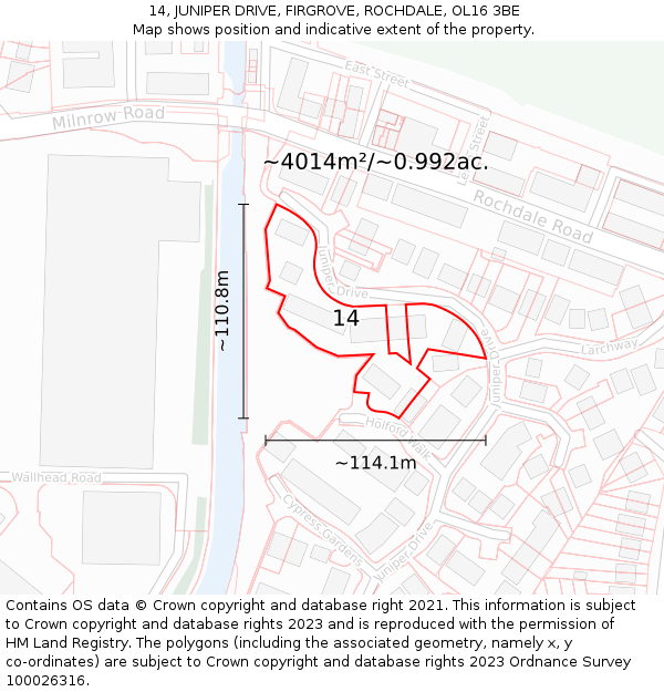 14, JUNIPER DRIVE, FIRGROVE, ROCHDALE, OL16 3BE: Plot and title map