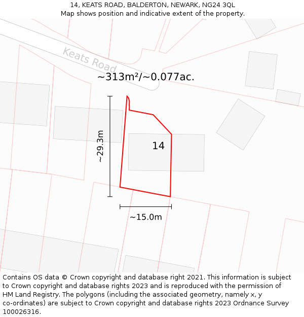 14, KEATS ROAD, BALDERTON, NEWARK, NG24 3QL: Plot and title map