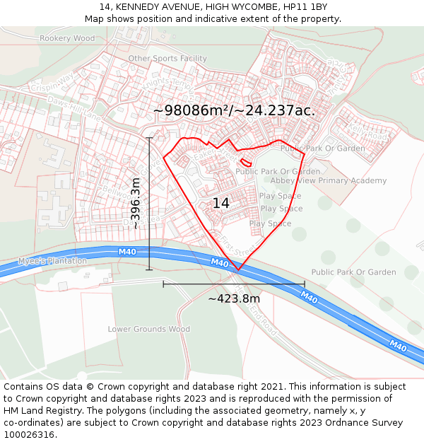 14, KENNEDY AVENUE, HIGH WYCOMBE, HP11 1BY: Plot and title map