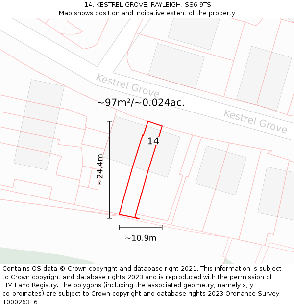 14, KESTREL GROVE, RAYLEIGH, SS6 9TS: Plot and title map