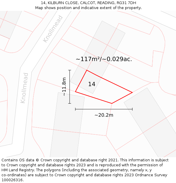 14, KILBURN CLOSE, CALCOT, READING, RG31 7DH: Plot and title map