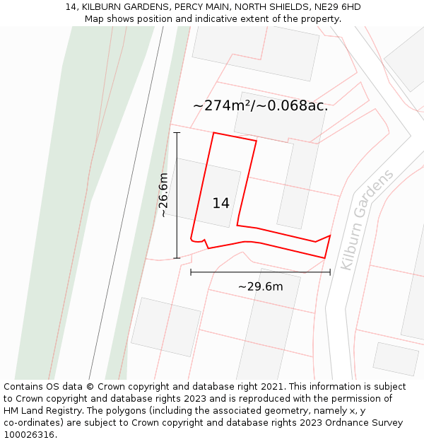 14, KILBURN GARDENS, PERCY MAIN, NORTH SHIELDS, NE29 6HD: Plot and title map