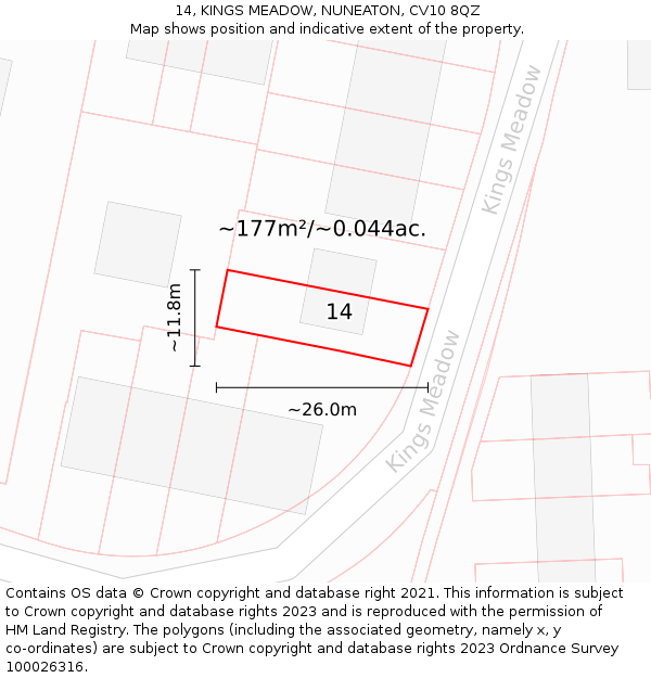 14, KINGS MEADOW, NUNEATON, CV10 8QZ: Plot and title map