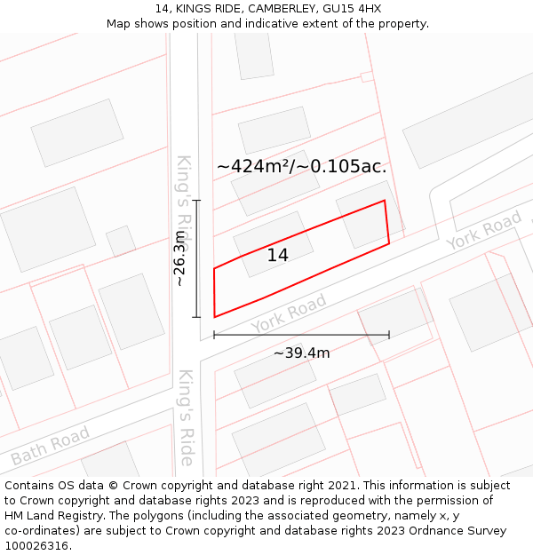 14, KINGS RIDE, CAMBERLEY, GU15 4HX: Plot and title map