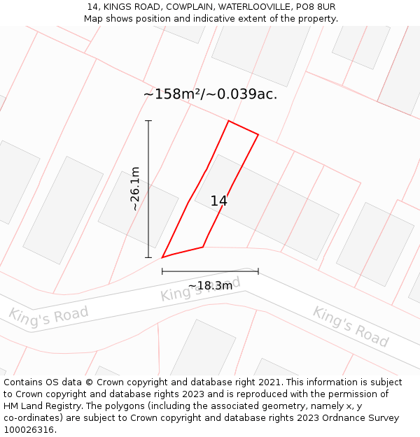 14, KINGS ROAD, COWPLAIN, WATERLOOVILLE, PO8 8UR: Plot and title map