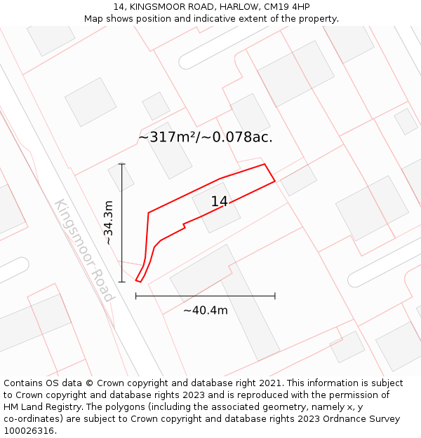 14, KINGSMOOR ROAD, HARLOW, CM19 4HP: Plot and title map