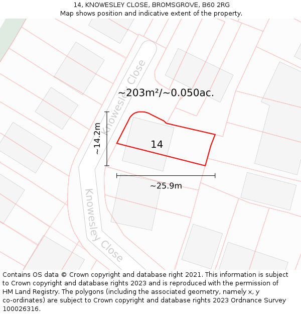 14, KNOWESLEY CLOSE, BROMSGROVE, B60 2RG: Plot and title map