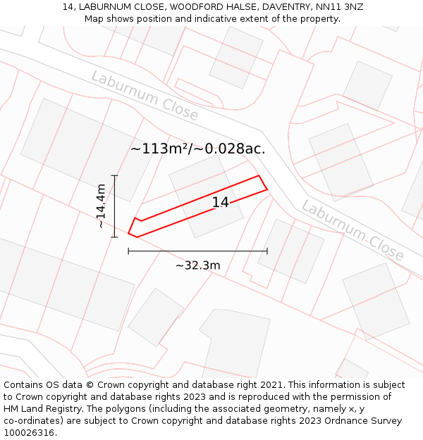 14, LABURNUM CLOSE, WOODFORD HALSE, DAVENTRY, NN11 3NZ: Plot and title map