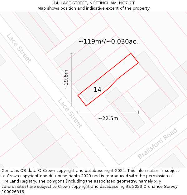 14, LACE STREET, NOTTINGHAM, NG7 2JT: Plot and title map