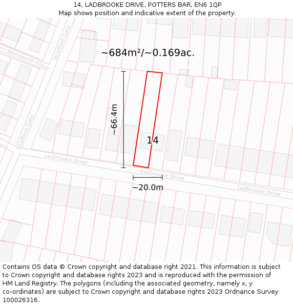 14, LADBROOKE DRIVE, POTTERS BAR, EN6 1QP: Plot and title map