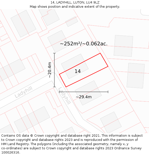 14, LADYHILL, LUTON, LU4 9LZ: Plot and title map