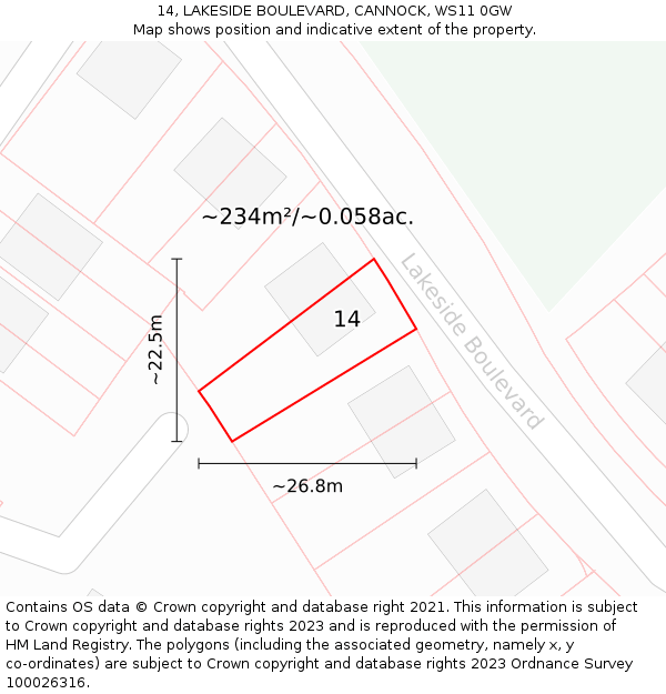 14, LAKESIDE BOULEVARD, CANNOCK, WS11 0GW: Plot and title map