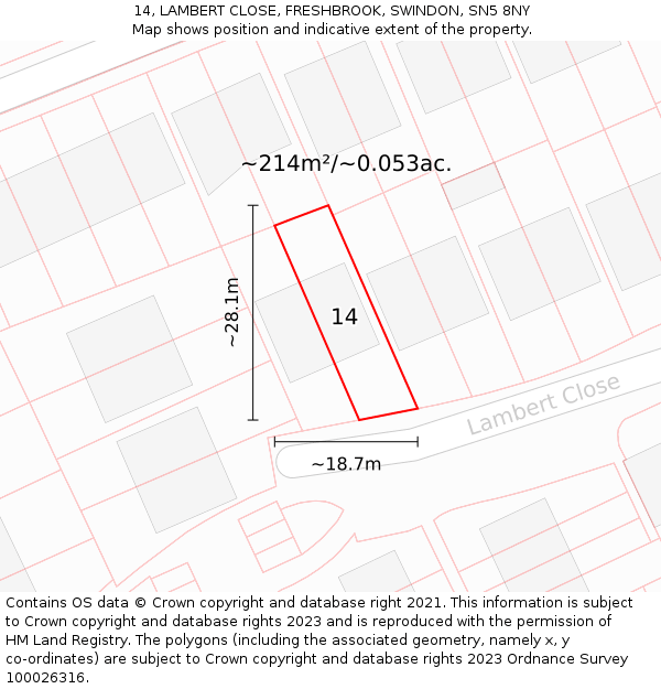 14, LAMBERT CLOSE, FRESHBROOK, SWINDON, SN5 8NY: Plot and title map