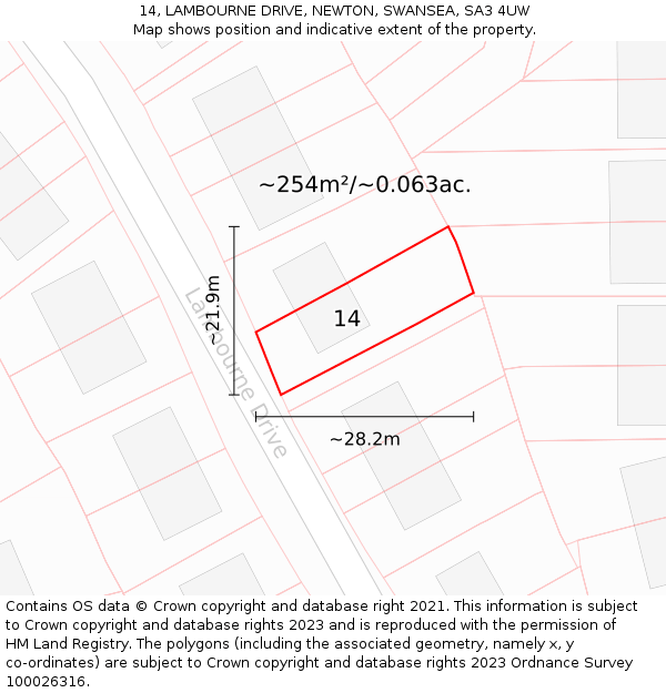 14, LAMBOURNE DRIVE, NEWTON, SWANSEA, SA3 4UW: Plot and title map