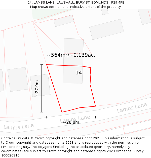 14, LAMBS LANE, LAWSHALL, BURY ST. EDMUNDS, IP29 4PE: Plot and title map