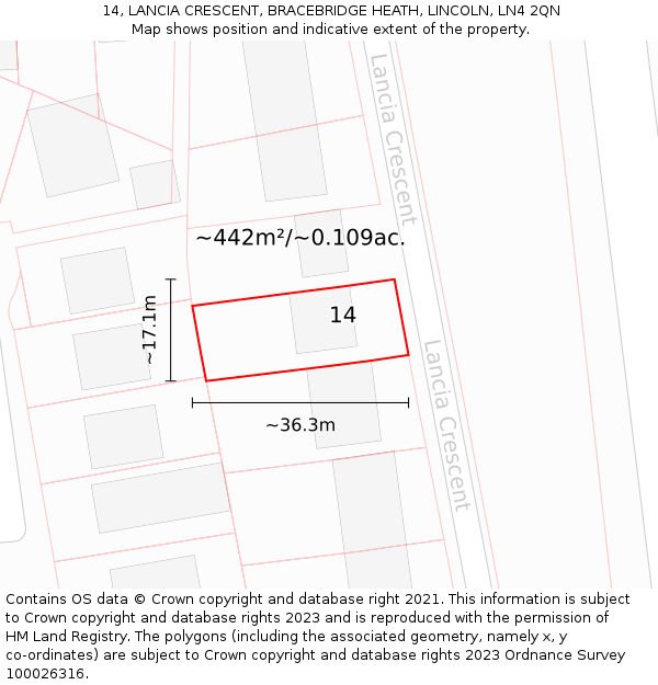 14, LANCIA CRESCENT, BRACEBRIDGE HEATH, LINCOLN, LN4 2QN: Plot and title map