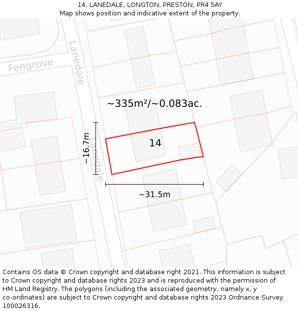 14, LANEDALE, LONGTON, PRESTON, PR4 5AY: Plot and title map