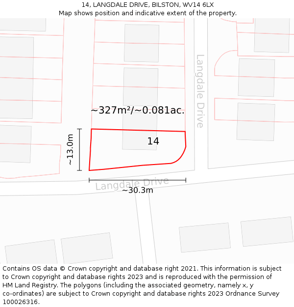 14, LANGDALE DRIVE, BILSTON, WV14 6LX: Plot and title map