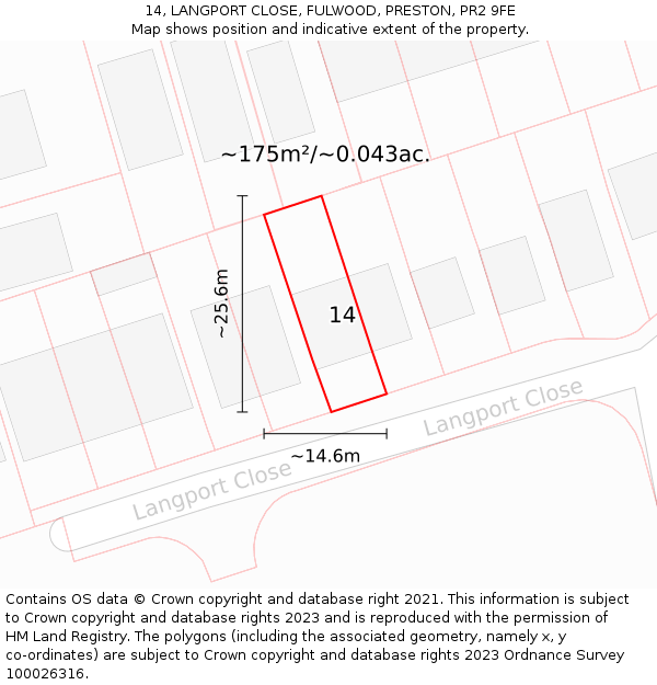 14, LANGPORT CLOSE, FULWOOD, PRESTON, PR2 9FE: Plot and title map