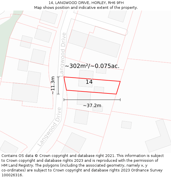 14, LANGWOOD DRIVE, HORLEY, RH6 9FH: Plot and title map