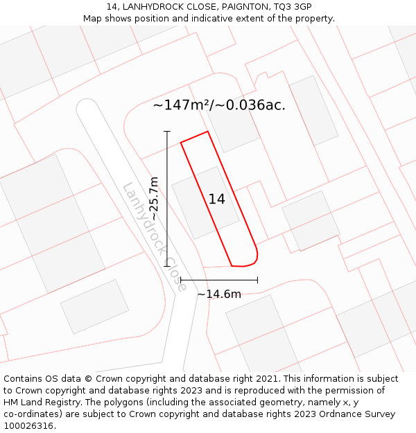 14, LANHYDROCK CLOSE, PAIGNTON, TQ3 3GP: Plot and title map