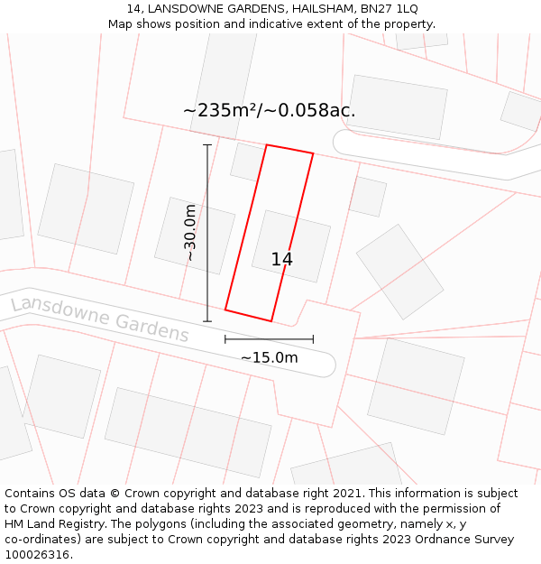 14, LANSDOWNE GARDENS, HAILSHAM, BN27 1LQ: Plot and title map