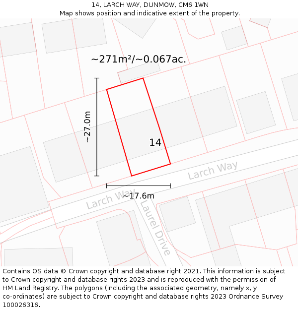 14, LARCH WAY, DUNMOW, CM6 1WN: Plot and title map