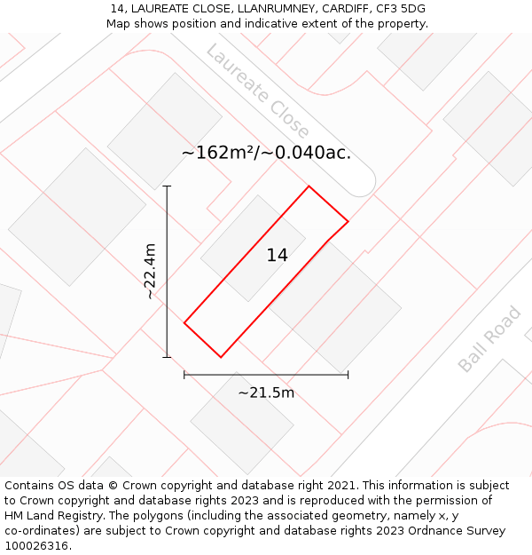 14, LAUREATE CLOSE, LLANRUMNEY, CARDIFF, CF3 5DG: Plot and title map