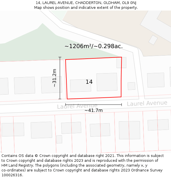 14, LAUREL AVENUE, CHADDERTON, OLDHAM, OL9 0NJ: Plot and title map