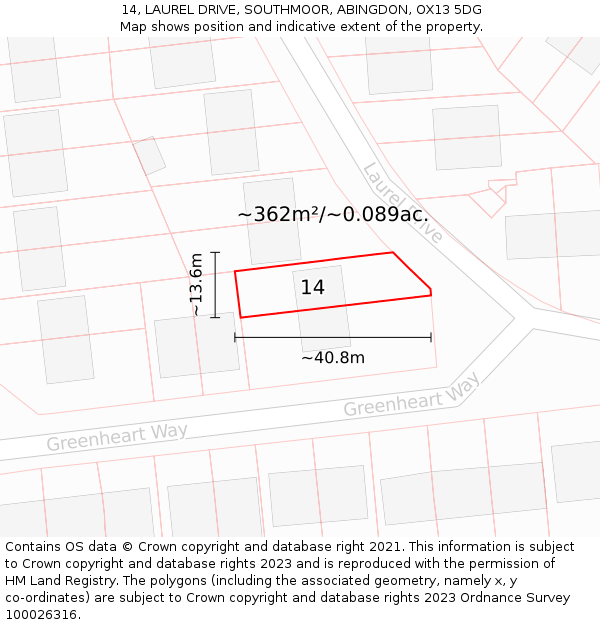 14, LAUREL DRIVE, SOUTHMOOR, ABINGDON, OX13 5DG: Plot and title map