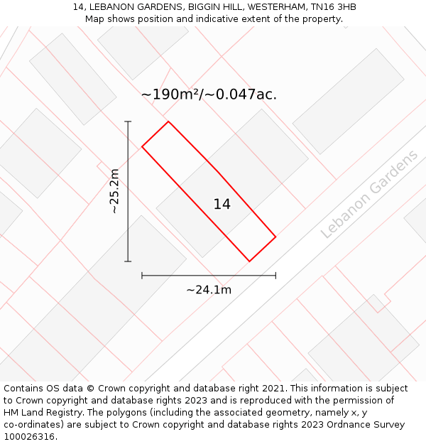 14, LEBANON GARDENS, BIGGIN HILL, WESTERHAM, TN16 3HB: Plot and title map