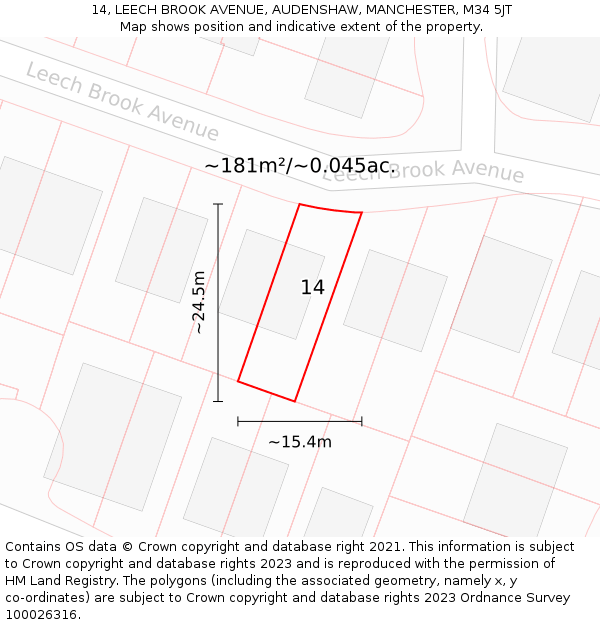 14, LEECH BROOK AVENUE, AUDENSHAW, MANCHESTER, M34 5JT: Plot and title map