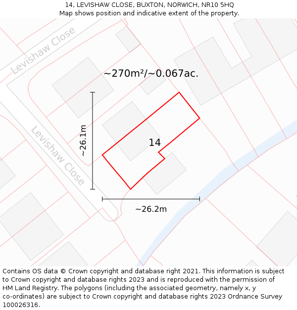 14, LEVISHAW CLOSE, BUXTON, NORWICH, NR10 5HQ: Plot and title map