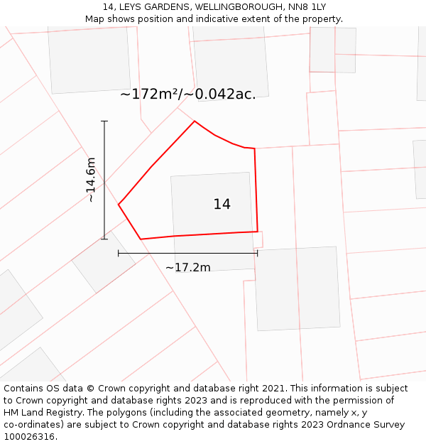 14, LEYS GARDENS, WELLINGBOROUGH, NN8 1LY: Plot and title map