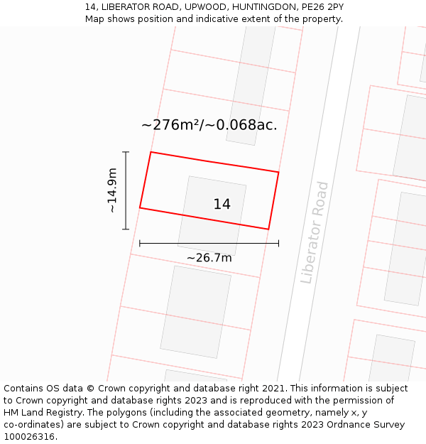 14, LIBERATOR ROAD, UPWOOD, HUNTINGDON, PE26 2PY: Plot and title map