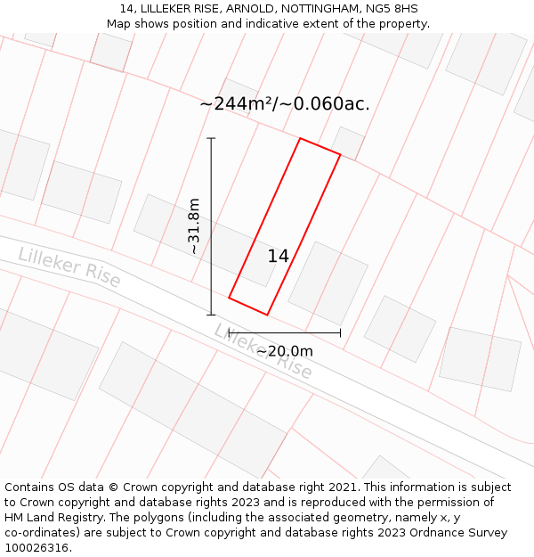 14, LILLEKER RISE, ARNOLD, NOTTINGHAM, NG5 8HS: Plot and title map