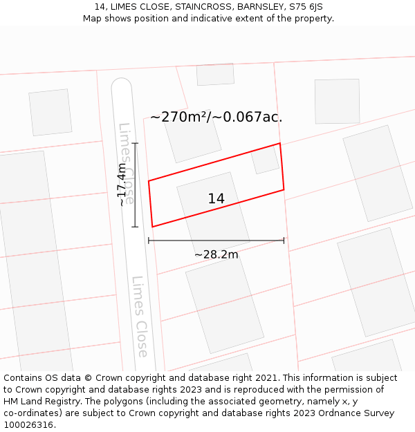 14, LIMES CLOSE, STAINCROSS, BARNSLEY, S75 6JS: Plot and title map